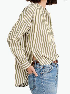 Alex Mill Mixed Stripe Band Collar Button-Up Shirt Green White